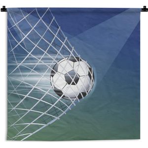 Wandkleed Voetbal illustratie - Een illustratie van een voetbal in het net Wandkleed katoen 60x60 cm - Wandtapijt met foto