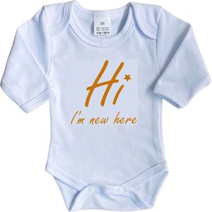 La Petite Couronne Romper Lange Mouw ""Hi I'm new here"" Met Een Sterretje Unisex Katoen Wit/tan Maat 62