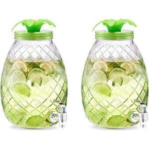 2x Groene glazen drank dispensers ananas 4,5 liter - Zeller - Keukenbenodigdheden - Zomers/tropisch tuinfeest decoratie - Dranken serveren - Drankdispensers - Dispensers voor o.a. sappen en limonade