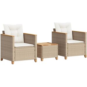 vidaXL Bistroset - Bistrosets - Loungeset - Tuinset - 3-delige Bistroset met kussens poly rattan en acaciahout beige