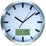 Perel Wandklok, rond, analoog, 25 cm, lcd-scherm met thermometer, hygrometer en weersvoorspelling, aluminium, zilver