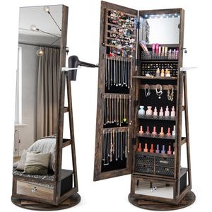 COSTWAY Sieradenkast 360° draaibaar, spiegelkast met full-body spiegel, led-lampen & lade & haardrogerhouder, sieradenrek afsluitbaar, staande spiegel voor sieraden