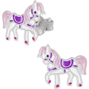 Oorbellen meisje zilver | Zilveren oorstekers, paard met roze manen en paars zadel
