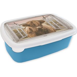 Broodtrommel Blauw - Lunchbox - Brooddoos - Schotse hooglander - Doorkijk - Pastel - 18x12x6 cm - Kinderen - Jongen