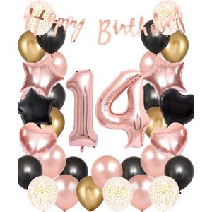 Snoes Ballonnen 14 Jaar Set Mega Rose Black Zwart Ballonen set - Compleet Feestpakket Cijferballon 14 Jaar - Verjaardag Versiering Slinger Happy Birthday – Folieballon – Latex Ballonnen - Helium Ballonnen