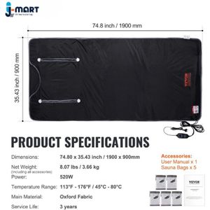 J-Mart Infrarood Deken - Elektrische Saunadeken - Infraroodtherapie - Thuis ontspanning - Spierherstel - 180 x 90cm - Tot 80°C
