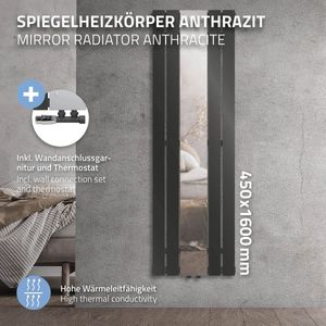 Badkamer radiator plat met spiegel en wandaansluitset 45x160 cm antraciet ML design