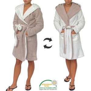 Badjas – dubbelzijdig – beige en wit – maat L/XL – badjas dames – badjas heren - Cadeau - Oeko-Tex Standard 100