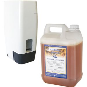 Zeepdispenser 1 liter kunststof hervulbaar + 5 liter jerrycan handzeep orange