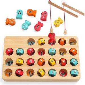 Lzwintrading Houten Magnetisch Visspel - Fijn Motorisch Vaardigheidsspeelgoed ABC Alfabet Kleur Sorteer Puzzel - Montessori Letters Cognitie Preschool Cadeau voor Peuter Kind Vroeg Leren met 2 Pole - Speelgoed 1 2 3 Jaar Voor Jongens Meisjes