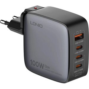 LDNIO Hoge Kwaliteit 100W GaN Snellader Inclusief Snel laad Kabel- 4 in 1 Stekker - 3x USB-C 1x USB-A - Reisstekker - EU VS VK Plug Mogelijkheid