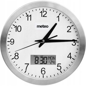 Moderne Wandklok - Weerklok met Stil uurwerk - Kantoorklok met Temperatuurmeter - Zilver / Wit - Digitaal & Analoog - 24cm