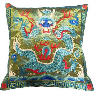 Fine Asianliving Chinese Kussen Volledig Geborduurd Groen Draak 45x45cm