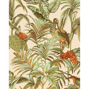 Vogels behang Profhome DE120013-DI vliesbehang hardvinyl warmdruk in reliëf gestempeld met exotisch patroon glanzend crème groen oranje 5,33 m2