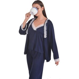 Dames Katoen Pyjama | 4-delige set | Katoen nachtkleding | Katoen nachthemd | Elegant Katoen Ochtendjas | Cadeau voor dames | kleur: marineblauw | maat: XL