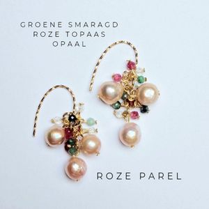 Cluster Oohangers - Roze parel oorbellen - zoetwaterparel - Groene smaragd - Opaal - Roze Topaas - Half edelstenen sieraad