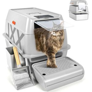 Kattenbak met Deksel - Afgesloten Verwijderbaar - RVS - Grote Kat - Hoge Zijkanten - Schep Pedaal - Anti-Lekkage - Niet-Kleverig - Makkelijk Schoonmaken - Grijs .