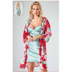 Satijn Dames 2- Delige Nachtjapon/ Ochtendjas -Pyjama- Luxe Pyjamaset- Lingerie- Sexy- Nachtkleding Rood/Mintgroen Maat M