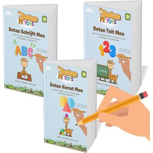 DotasToys® ABC Letters, Vormen, 123 Cijfers Leren Schrijven - Alfabet & Tellen Oefenboek - 180 Herbruikbare oefenblaadjes incl. Potlood met gum - Activiteitenboek voor Peuters en Kleuters