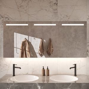Aluminium badkamer spiegelkast met directe verlichting boven en indirecte verlichting onder, spiegelverwarming, stopcontact inclusief USB, make-up spiegel en sensor schakelaar 160×70 cm