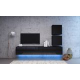 Wandmeubel Set # 1 - 4 delig & LED - Zwart & Hoogglans Zwart - Hangkastjes & TV Wandmeubel - Clean Design