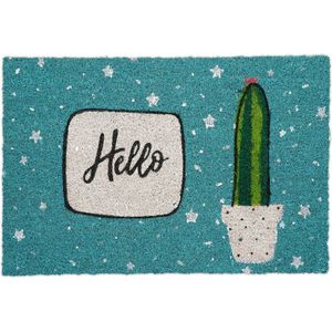Relaxdays deurmat kokos 'hello' - cactus - kokosmat met tekst - 40 x 60 cm - kleurrijk