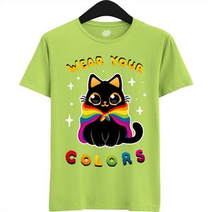 Schattige Pride Vlag Kat - Unisex T-Shirt Mannen en Vrouwen - LGBTQ+ Suporter Kleding - Gay Progress Pride Shirt - Rainbow Community - T-Shirt - Unisex - Appel Groen - Maat M