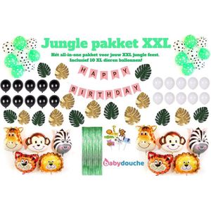 Jungle Decoratie Verjaardag versiering pakket roze XXL Babydouche - Safari thema - dieren ballonnen - meisje - happy birthday slinger