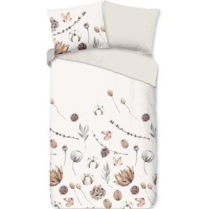 Cheqo® Flanellen Dekbedovertrek 240x220 cm - Droog Bloemen Print - Zand - 2 Persoons - 100% Katoen - Oeko-Tex Gecertificeerd