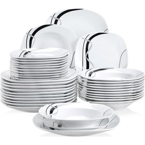 Serviesset - Serviessets - Serviesset 12 persoons - Wit Met Zwarte Lijn - Porselein - 36-Delig Servies - Dinerbord - Dessertbord - Kom
