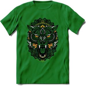 Wolf - Dieren Mandala T-Shirt | Geel | Grappig Verjaardag Zentangle Dierenkop Cadeau Shirt | Dames - Heren - Unisex | Wildlife Tshirt Kleding Kado | - Donker Groen - XXL