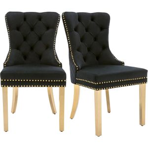 Merax Eetkamerstoelen Set van 2 – Zwart Velvet met Gouden Poten – Luxe Fluwelen Stoelen met Handgreep en Nagelkopdetails – 150 kg Draagvermogen