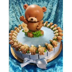 traktatie taart 24 doosjes blauw met beertjes en spaarpot voor geboortefeest of babyshower uitdeel bedankje