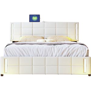 Merax Gestoffeerd Tweepersoonsbed 140x200 cm met LED Verlichting en Afstandsbediening - Luxe Bedframe met 4 Opberglades en Verstelbaar Hoofdbord - Beige