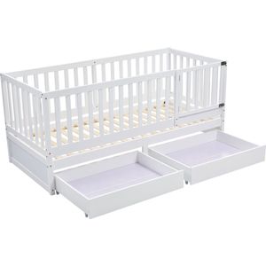 Merax Kinderbed met Valbeveiliging - 2 in 1 Multifunctioneel Peuterbed met Lades - Wit