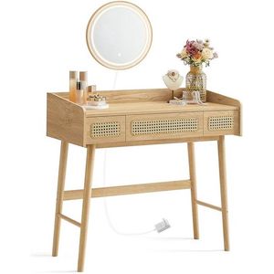 PolderGoods - Kaptafel met spiegel - make up tafel met Spiegelverlichting | 3 Laden | 3 Lichte Kleuren | Beige eiken