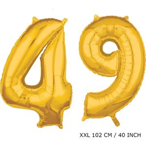 Mega grote XXL gouden folie ballon cijfer 49 jaar. leeftijd verjaardag 49 jaar. 115 cm 40 inch. Met rietje om ballonnen mee op te blazen.