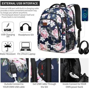 Damesrugzak, tienerrugzak met 17,3 ""laptopvak, USB-schooltas voor schoolwerk, reizen, universitaire studies, waterdicht, roze