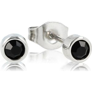 Edelstalen oorsteker met zwarte zirkonia steen 4 mm - Zilverkleurige oorbellen met zwarte zirkonia steen - Met luxe cadeauverpakking
