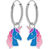 Oorbellen meisjes zilver | Eenhoorn oorbellen | Zilveren oorringen met hanger, blauw eenhoornhoofd met roze manen