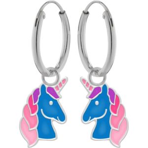 Oorbellen meisjes zilver | Eenhoorn oorbellen | Zilveren oorringen met hanger, blauw eenhoornhoofd met roze manen