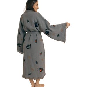 Kimono dames - 100% biologisch katoen - sauna badjas - zomer badjas - absorberend - handgemaakt - grijs