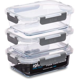 Igluu Meal Prep - Glazen Containers met Lekbestendige Snap-Lock Deksels - Luchtdichte Portiecontrole Voedselopslag. BPA-Vrij, Magnetron, Oven & Vaatwasserbestendig 1050ml (3 Stuks)