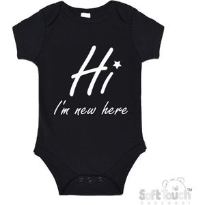 100% katoenen Romper ""Hi I'm new here"" Met Een Sterretje Unisex Katoen Zwart/wit Maat 56/62