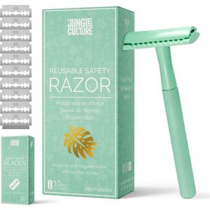 Jungle Culture Groene Safety Razor - Eco-Friendly Scheermes voor Zero Waste Scheren - Plasticvrij & Duurzaam - Inclusief 10 Scheermesjes - Herbruikbaar Unisex Scheermes voor Milieuvriendelijke Verzorging