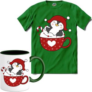 Hot choco pinguin kerst buddy - T-Shirt met mok - Heren - Kelly Groen - Maat L