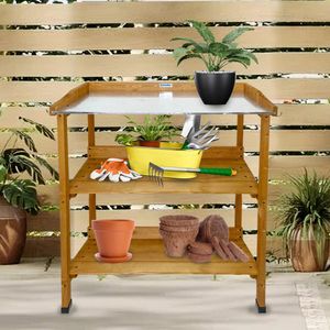 Lendo Online - Oppottafel - Tuinwerktafel - Plantentafel - Werktafel voor tuin - Tuinwerkbank met gegalvaniseerd werkblad - 76x37x92 cm - vurenhout - bruin