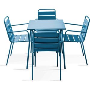 Oviala - Set van een vierkante tuin tafel en 4 blauwe Pacific stalen fauteuils - Palavas