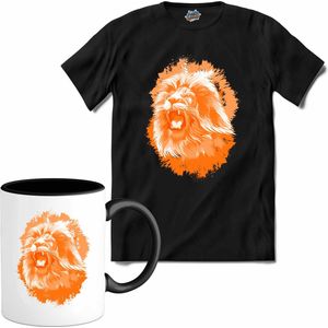 Oranje Leeuw - Oranje elftal WK / EK voetbal kampioenschap - bier feest kleding - grappige zinnen, spreuken en teksten - T-Shirt met mok - Heren - Zwart - Maat S