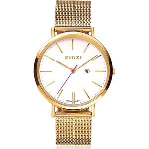 ZINZI Retro horloge witte wijzerplaat en geelgoudkleurige stalen kast stalen mesh band geelgoudkleurig 38mm extra dun ZIW407M